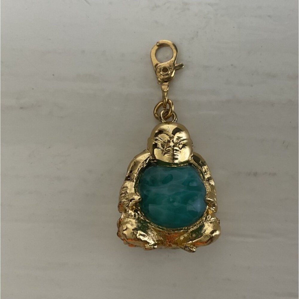 Vintage Gold Jelly Belly Laughing Buddha Charm Green Faux Jade Pendant